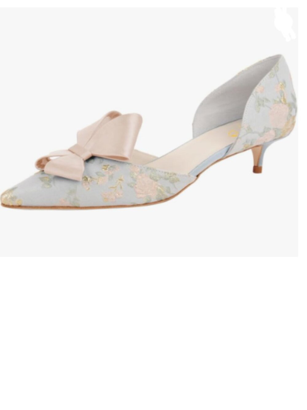 XYD Pale Blue Floral Jacquard Pointed Toe Kitten Heel with Pink Bow